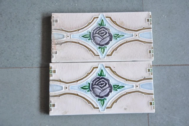 4 Pc Vintage Flower Majolica Decorative Art Nouveau Architecture Tiles,Japan 2