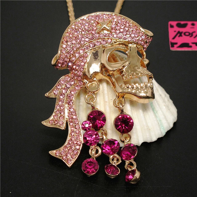 New Pink Rhinestone Pirate Skull Crystal  Pendant Betsey Johnson Chain Necklace