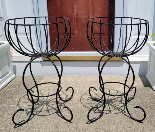 Set of 2 Vintage Black Matching Wrought Iron Plant Pot Stands Holders