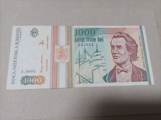 Billete de Rumania de 1000 lei, año 1993, serie A0004