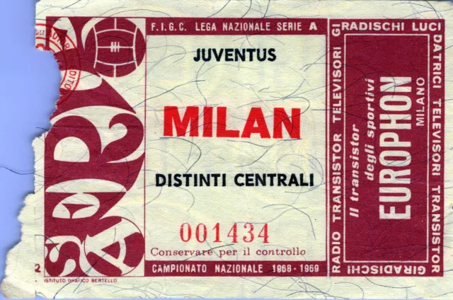 Biglietto Stadio Calcio Serie A Juventus-Milan-1967-1968-N°001434-Dist. Cent.
