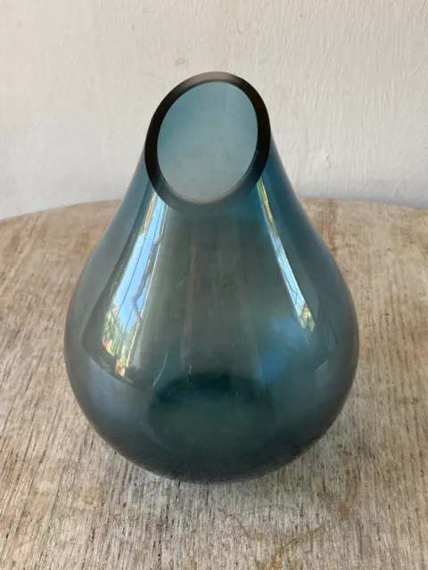 Mid Century European Hand Blown Art Glass Teardrop Bulbous Vase. Smoked Blue