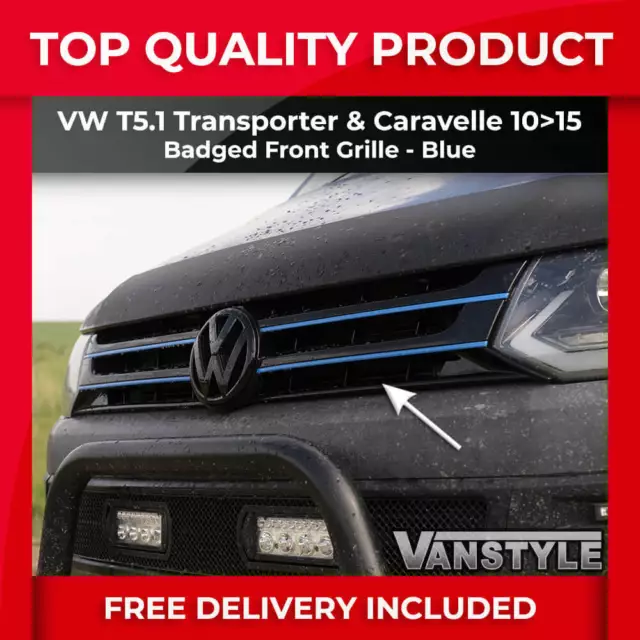 Fits Vw T5.1 Transporter 2010-2015 Front Badged Grille Gloss Black & Blue Strips