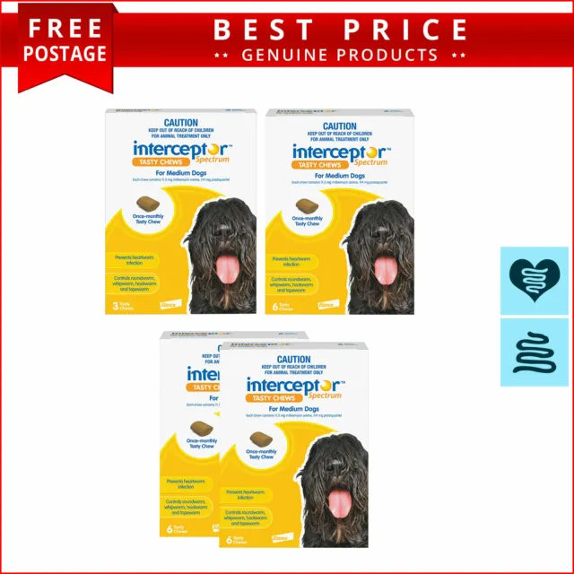 INTERCEPTOR Spectrum 3,6, 12 Doses YELLOW for Dogs 11 to 22 Kg Heartworm Control