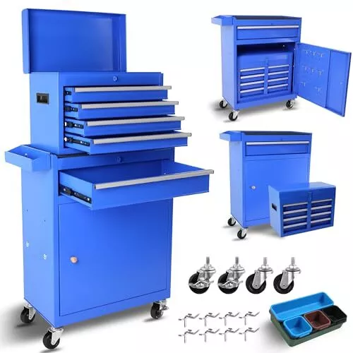 Blue Large Rolling Tool Chest,5-Drawer Tool Boxes On Wheels with Organizer Bi...