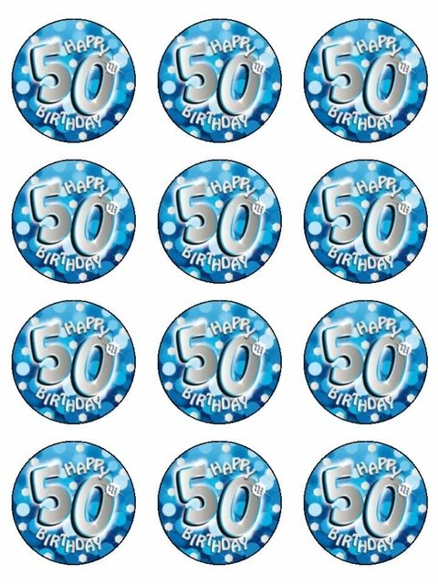 BLUE 50TH BIRTHDAY fifty edible cupcake Toppers Wafer or Icing x 12 £4. ...