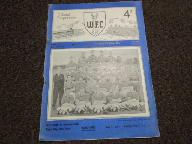 WATFORD  v  SHREWSBURY TOWN  1953/4  DECEMBER 19th   FOOTBALL PROGRAMME