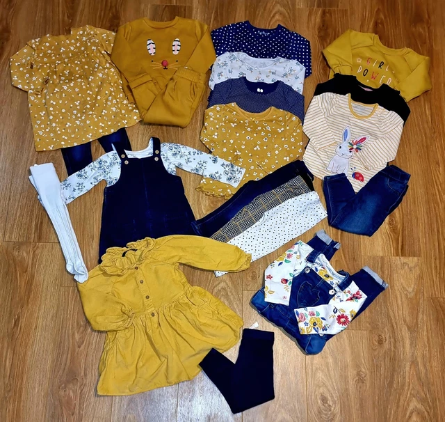 #8 Large Bundle Of Baby Girls Mustard / Navy Blue Clothes Age 12-18 Months