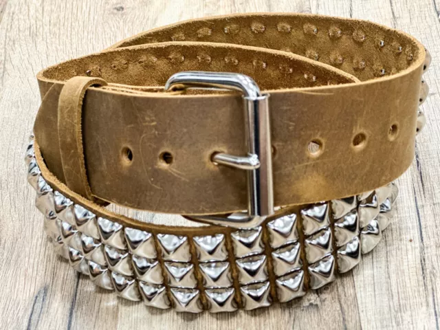 Three Row Pyramid Stud Belt Brown Leather Studded Belt Punk Goth By Funk Plus