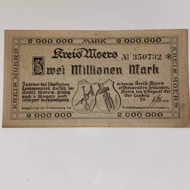 Germany Banknote. 2 Million Mark. Dated 1923. Kreis Mores. Reichsbanknote. NEF