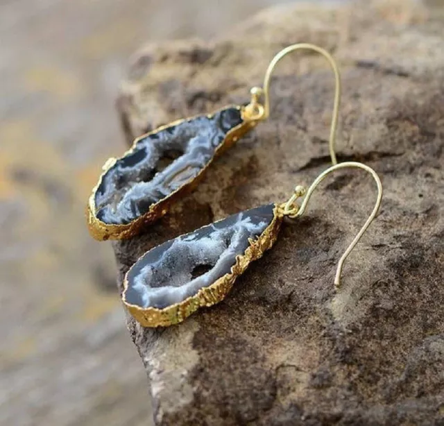 Natural Druzy Agate Geode Crystal Slice Drop Dangle Earrings Gold Hook Earrings