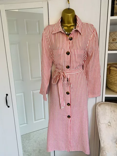 Zara Red White Stripe Linen Blend Tunic Shirt Dress Long Sleeve Size XL