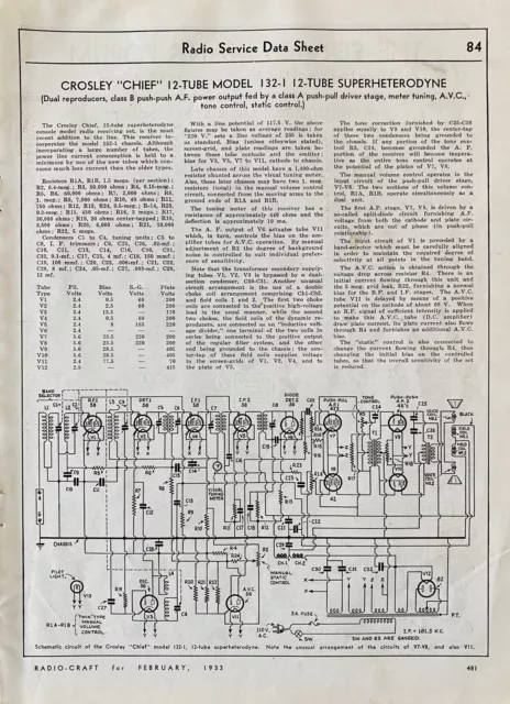 Hoja de datos de servicio de radio de colección 1933 Crosley Chief modelo 132-1 tubo superheterodino