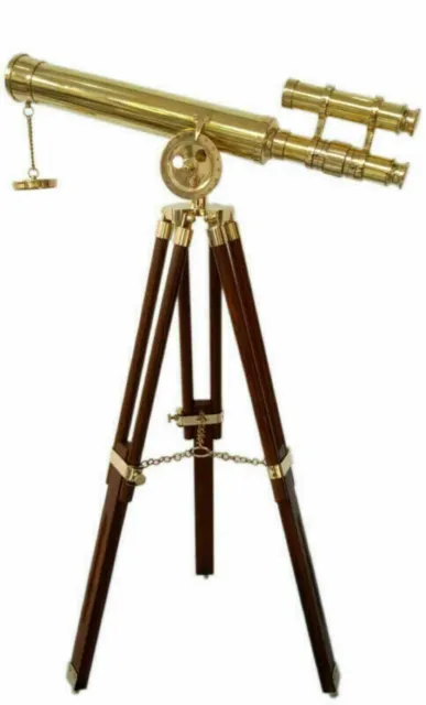 Vintage Brass Telescope with Wooden Tripod Stand Nautical Marine Decor Gift