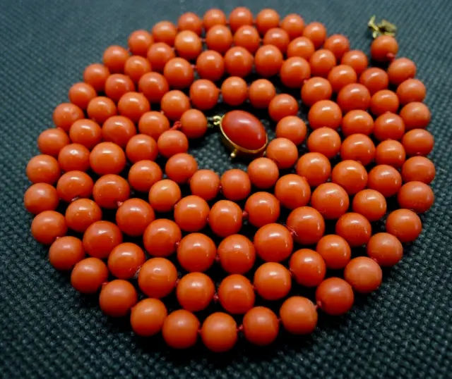 Collier Ancien Corail Rouge Or Antique Gold 18K Natural Red Coral Bead Necklace