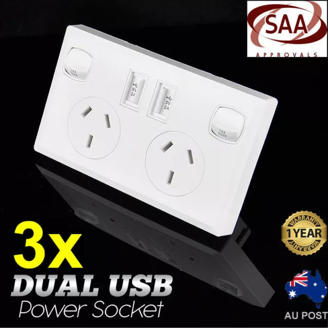 3x Dual USB Australian Power Point Home Wall Power Supply Socket SAA Approval