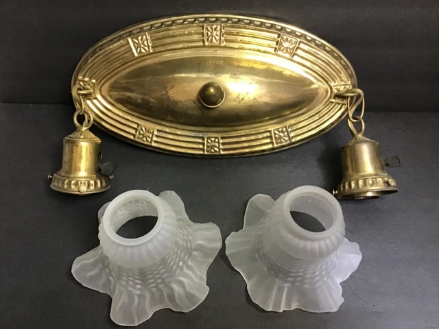 VTG-BRASS ORNATE FLUSH CEILING MOUNT DOUBLE LIGHT HANGING FIXTUREw/RUFFLE SHADES