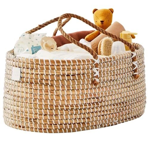 Baby Diaper Caddy Organizer - Handmade Organic Seagrass - Luxury Diaper Caddy