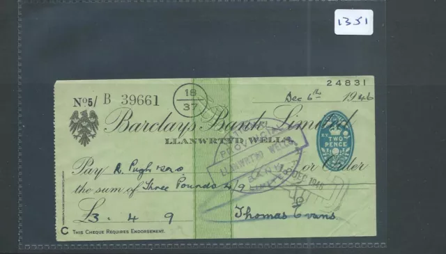 wbc. - CHEQUE - CH1351- USED -1946- BARCLAYS BANK, LLANWRTYD WELLS