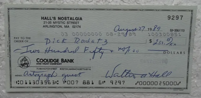 1989 Cancelled Bank Check endorsed by DICK RADATZ (The Monster, Boston Red Sox)