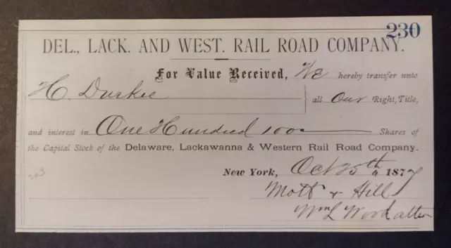 1877 Delaware Lackawanna Western Railroad Capitol Stock Transfer Certificate 230