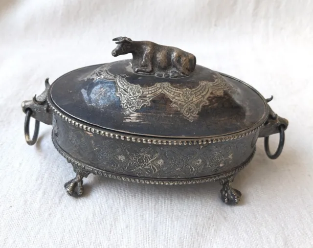 Antique Silver Plated Butter Dish With Blue Opaline Glass Insert And Cow Finial