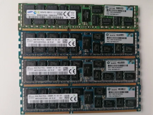 Lot de 4 RAM Serveur HP 8Gb 2Rx4 PC3L-10600R HP 647657-071