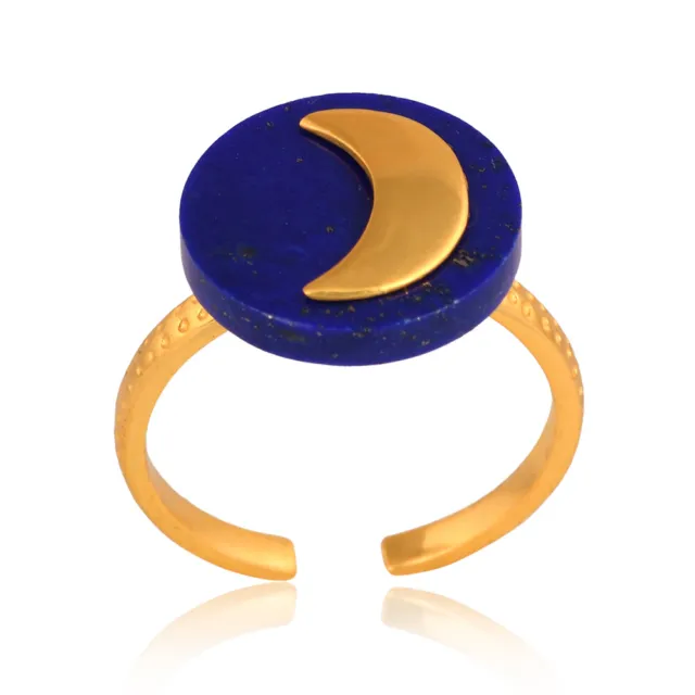 Moon Design Ring On Coin Lapis Gemstone With 18k Gold Plated Open Dotted Band