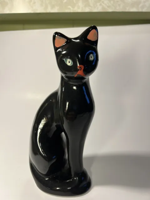 Vintage MCM Ceramic Black Cat Figurine Statue Sitting Hand Painted Green Eyes