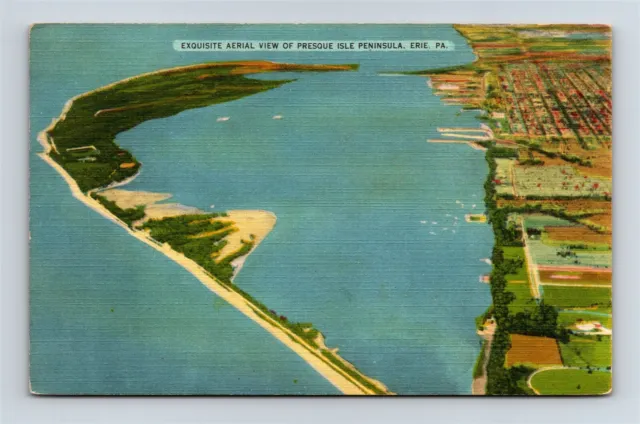 Postcard PA Erie Pennsylvania Aerial View Presque Isle Peninsula c1940s J30