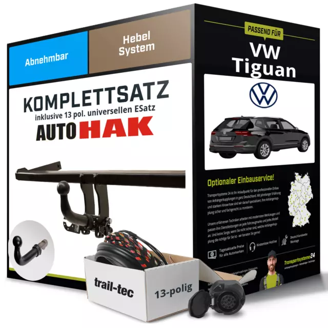 Für VW Tiguan Typ 5N Anhängerkupplung abnehmbar +eSatz 13pol uni 2007-2016 NEU