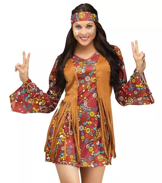 60s Hippie Fancy Dress Ladies Hippy 1960s-1970s Womens Costume Adult Outfit 8-16