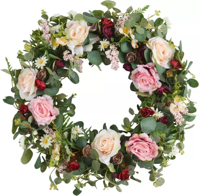 24 Inch Large Spring Rose Flower Wreath for Front Door,Pink and Wine Red Floral