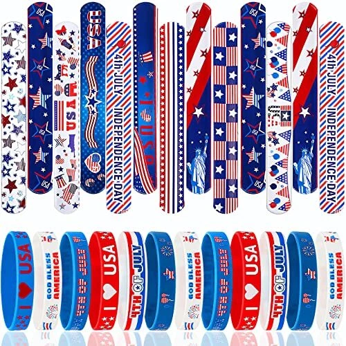 4th of July Party Favors, 50 Pcs Patriotic Decorations Slap Bracelets Rubber