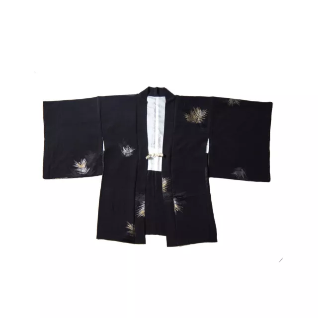 black gold and silver feather embroidered silk antique short kimono haori