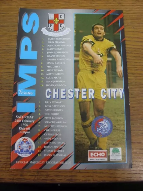 24/02/1996 Lincoln City v Chester City  . UK ORDERS ALL INCLUDE FREE ROYAL MAIL