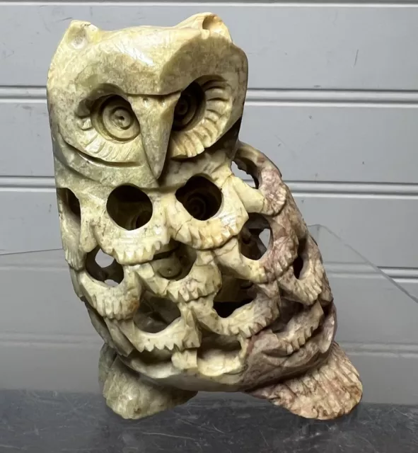 Hand Carved Owl Soapstone with Baby Owl Inside Figurine Sculpture Statue Vintage