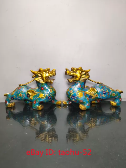 7.8“Old Chinese antiques Pure copper cloisonne enamel color Kirin statue a pair