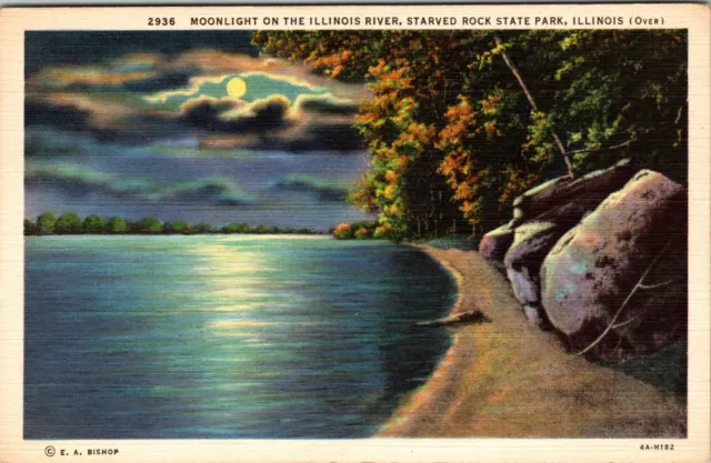1934 Postcard ILLINOIS Moonlight on the Illinois River Starved Rock State Park