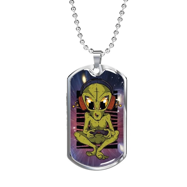 Alien UFO Fan Gift Alien Gamer Necklace Stainless Steel or 18k Gold Dog Tag 24"