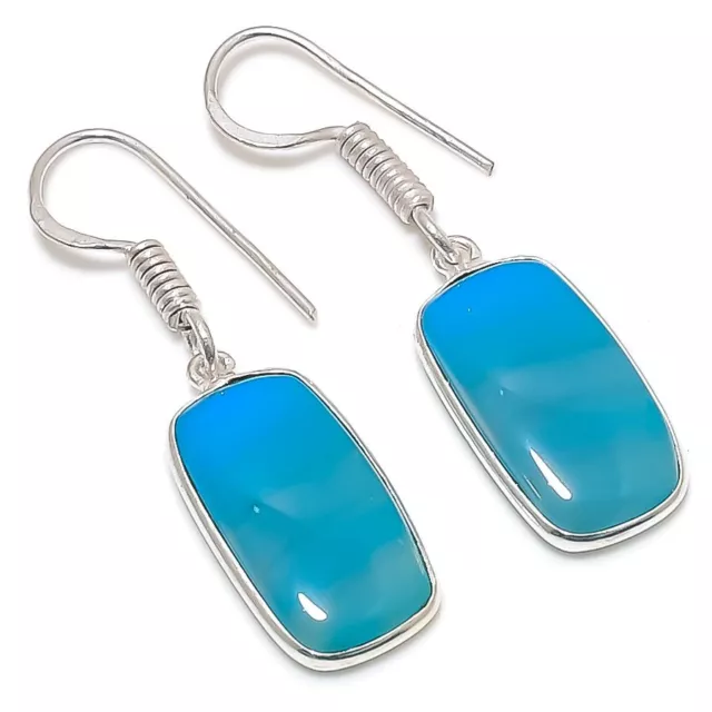 Blue Lace Agate Gemstone Handmade 925 Sterling Silver Jewelry Earring 1.65"