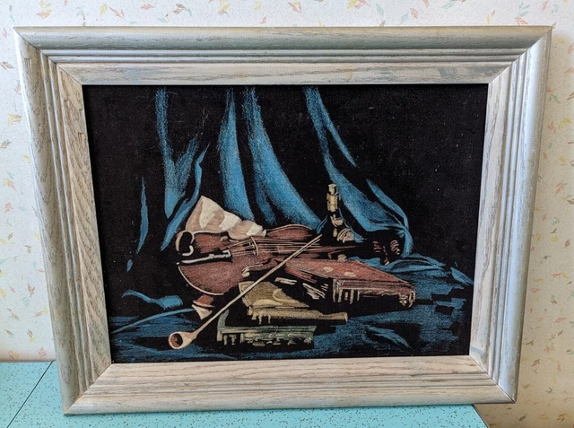 Vintage Oil on Velvet Painting of Violin Books Pipe Wine Curtain