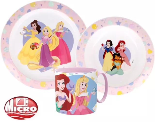 Disney Princess Childrens Kids Toddlers 3 Pc Dinner Breakfast Set Plate Bowl Mug