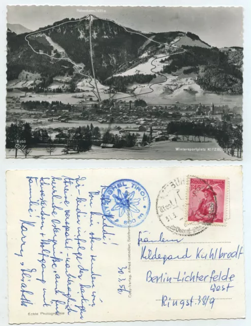 73999 - Wintersportplatz Kitzbühel - Echtfoto -Ansichtskarte, gelaufen 31.3.1956