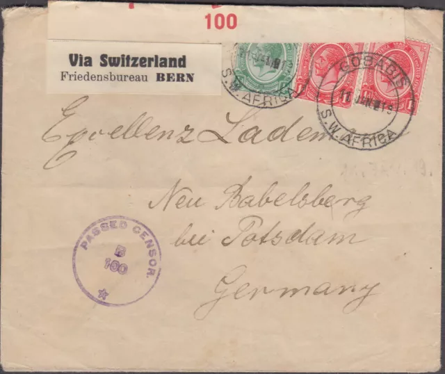 Südwestafrika Mandatszeit Zensur-Brief ab Gobabis über Friedensbüro Bern 1919