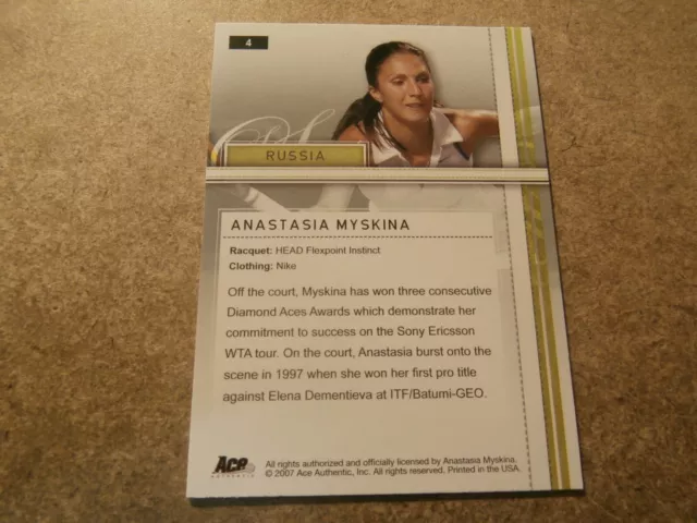 Anastasia Myskina, 2007 Ace Authentic Tennis Rookie Card, Mint Condition (Jt29) 2