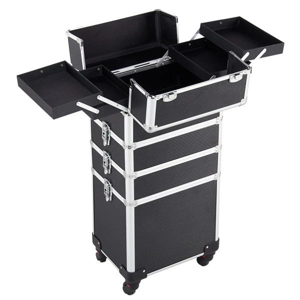 Easyfashion 4-in-1 Rolling Professional Salon Cosmetic Makeup Case, Black~