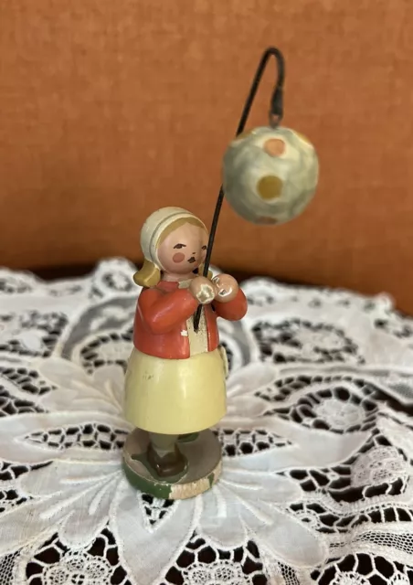 Adorable Vintage German Wendt & Kuhn Erzgebirge Wood Girl Holding Ball Figurine