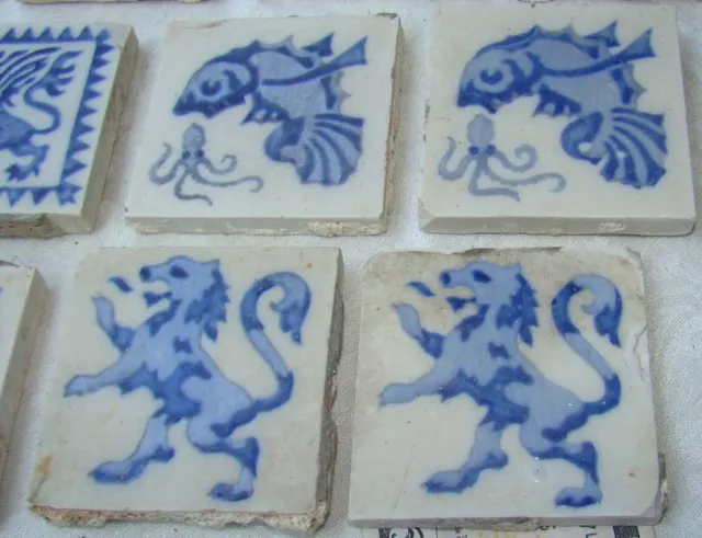 4 SPAIN 1900 Delft Style Fish Animal 2 3/4" Blue Porcelain Border Tiles 143 totl