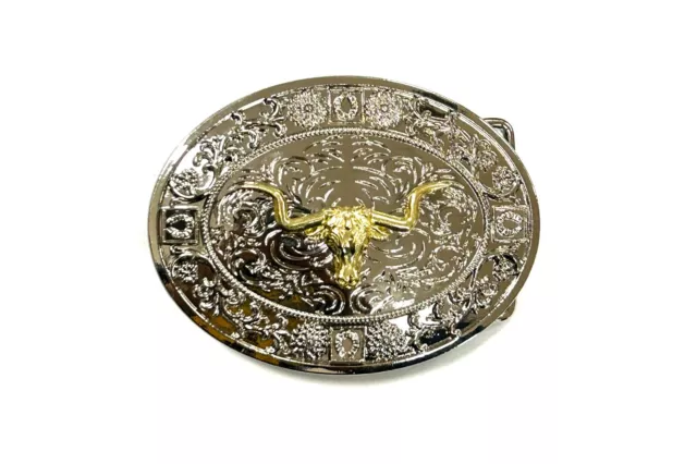 Western Longhorn Buckle Men Silver Chrome Oval Engraved Fit 2'' Hebilla Vaquero
